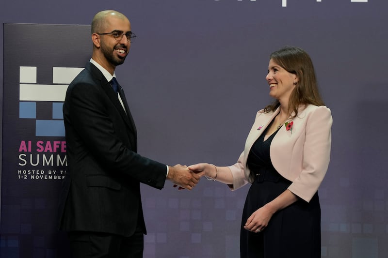 Ms Donelan with Omar Al Olama, UAE Minister of State for AI, Digital Economy and Remote Work Applications. AP