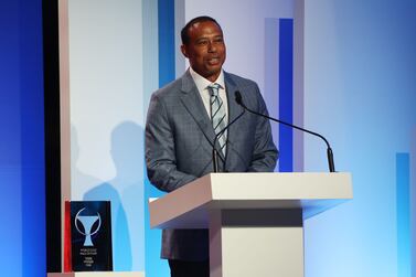 PONTE VEDRA BEACH, FLORIDA - MARCH 09: Inductee Tiger Woods speaks during the 2022 World Golf Hall of Fame Induction at the PGA TOUR Global Home on March 09, 2022 in Ponte Vedra Beach, Florida.    Sam Greenwood / Getty Images / AFP
