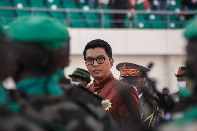 Madagascar's President Andry Rajoelina inspects troops during Independence Day celebrations at the Barea Stadium in Antananarivo on June 26, 2021. AFP