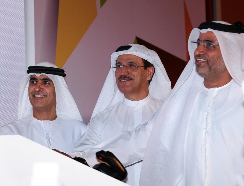 Sheikh Salem Al Qasimi, the chairman of Ras Al Khaimah’s Department of Civil Aviation, left; Sultan Saeed Al Mansouri, the UAE Minister of Economy, centre; and Saif Mohammed Al Suwaidi, the director general of the GCAA, were at Al Murooj Rotana Hotel in Dubai yesterday for the launch of the GCAA’s five-year Strategic Plan. Victor Besa for The National