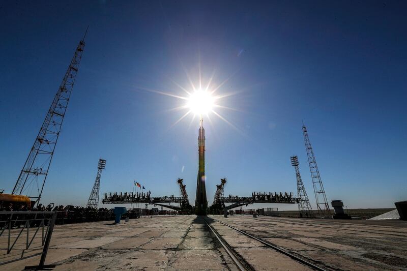 Soyuz booster rocket with Soyuz MS-09 spacecraft installs on the launch pad at the Baikonur Cosmodrome, Kazakhstan.  Sergei Ilnitsky / EPA