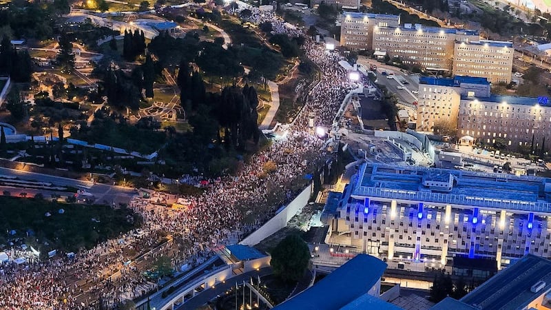 Thousands of protesters gather outside the Knesset in Jerusalem on Sunday demanding the resignation of Benjamin Netanyahu's government. Reuters