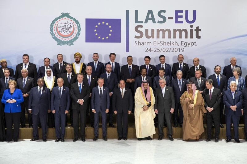 EU and Arab league leaders attend a group photo during the first Arab-European Summit  in Sharm El Sheikh, Egypt. Dan Kitwood / Getty Images