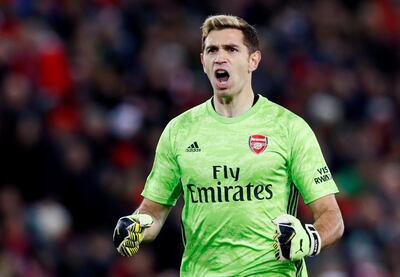 Soccer Football - Carabao Cup - Fourth Round - Liverpool v Arsenal - Anfield, Liverpool, Britain - October 30, 2019  Arsenal's Emiliano Martinez celebrates their third goal   Action Images via Reuters/Jason Cairnduff  EDITORIAL USE ONLY. No use with unauthorized audio, video, data, fixture lists, club/league logos or "live" services. Online in-match use limited to 75 images, no video emulation. No use in betting, games or single club/league/player publications.  Please contact your account representative for further details.