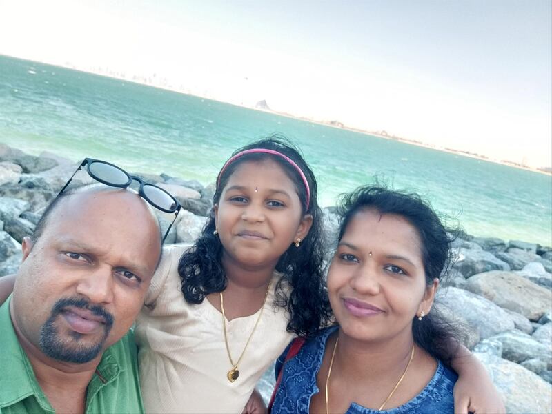 Soumya Devi, her husband Hari Prasad and their elder daughter Bhadra before Soumya and her daughter tested positive for Covid-19. Courtesy: Hari Prasad