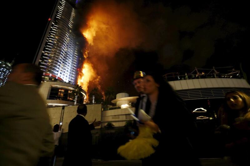 Fire engulfs The Address Hotel in Downtown Dubai on New Year’s Eve in a blaze that injured 15 people. Ahmed Jadallah / Reuters