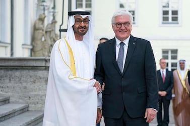 Sheikh Mohamed bin Zayed with Frank-Walter Steinmeier, President of Germany, at the Bellevue Palace. Ministry of Presidential Affairs