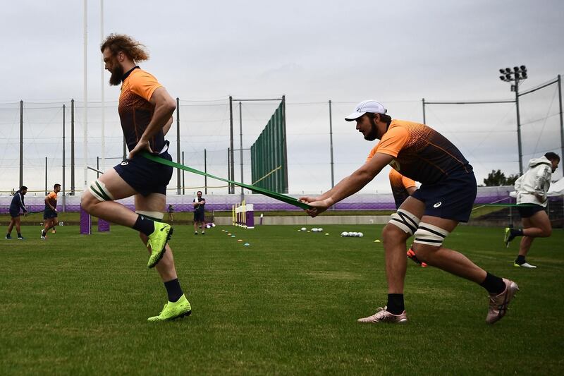 South Africa's lock RG Snyman (L) and South Africa's lock Lood De Jager take part in a training session Fuchu Asahi Football Park in Tokyo ahead of their Japan 2019 Rugby World Cup semi-final against Wales. AFP