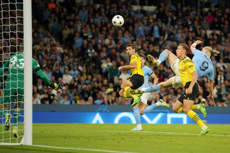 13) Erling Haaland scores a spectacular winner in the 2-1 Champions League victory against former club Borussia Dortmund at the Etihad stadium on September  14, 2022. AP