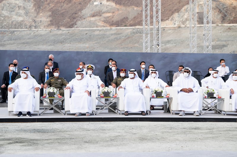 Executives attend a ceremony in Sakamkam, Fujairah, on November 17, 2021, to celebrate the completion of tunnel excavations for stage two of the national rail network. All photos: Ministry of Presidential Affairs