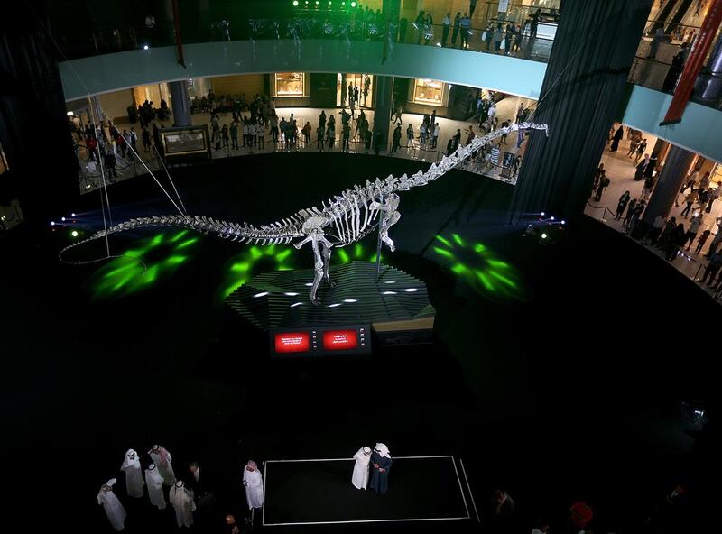 The 155 million-year-old dinosaur skeleton at the Dubai Mall needs a name, and the best suggestion will win a prize. Satish Kumar / The National