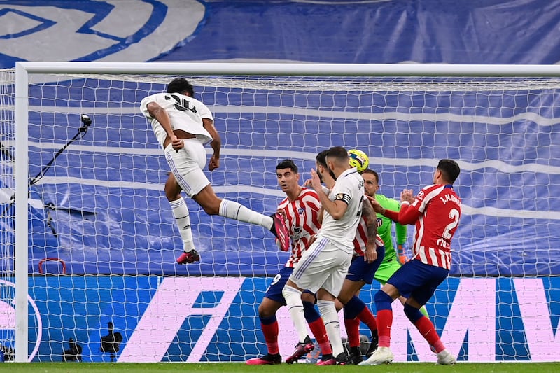 Real Madrid's forward Alvaro Rodriguez scores against Atletico Madrid. AFP