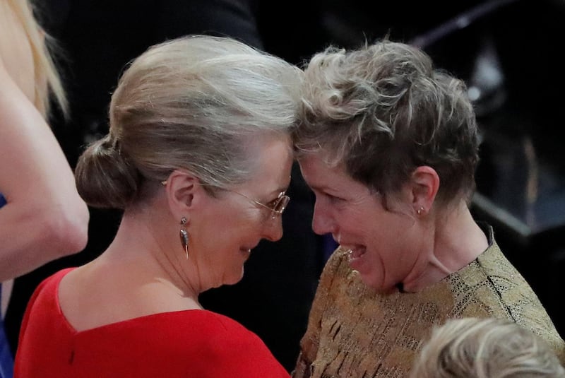 And now we begin with the annual series of 'people delighted to be chatting to Meryl Streep' - here's Frances McDormand drinking in Streep's energy. Reuters