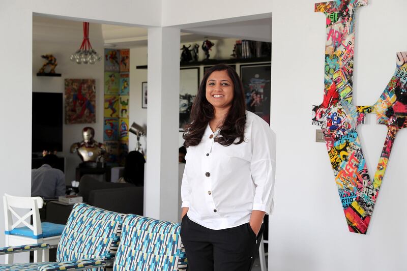 DUBAI, UNITED ARAB EMIRATES , July 19 – 2020 :- Anuscha Iqbal, chief executive, Spotii at her villa in the Victory Heights in Dubai Sports City in Dubai. (Pawan Singh / The National) For Business. Story by Deepthi Nair