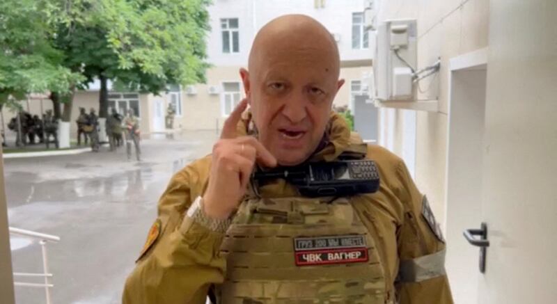 Yevgeny Prigozhin, founder of the Wagner mercenary group, speaks inside the headquarters of the Russian army's southern military command centre, which his forces took control of, in the city of Rostov-on-Don. Reuters