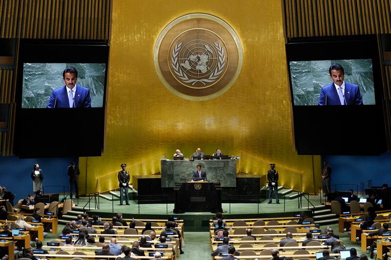 Qatari Emir Sheikh Tamim addresses the 78th session of the UN General Assembly in New York. AP
