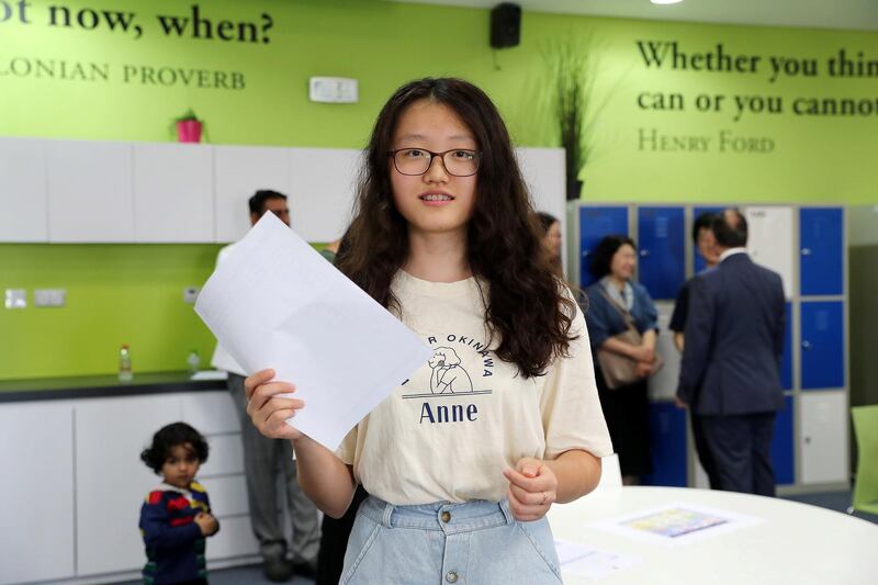 ABU DHABI ,  UNITED ARAB EMIRATES , AUGUST 22 – 2019 :- Yoobin An after receiving the GCSE results at the Brighton College in Abu Dhabi. ( Pawan Singh / The National ) For News. Story by Kelly