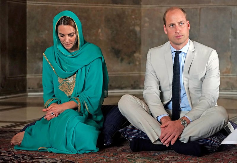 Britain's Prince William, Duke of Cambridge (R) and Catherine, Duchess of Cambridge visit Badshahi Mosque in Lahore, Pakistan, 17 October 2019. The royal couple is on an official five-day visit to Pakistan.  EPA