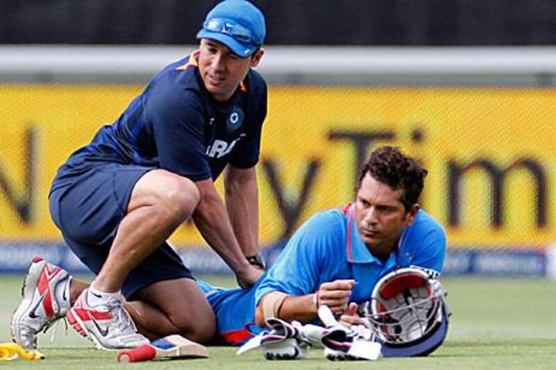 Sachin Tendulkar receives treatment during the second ODI against South Africa.