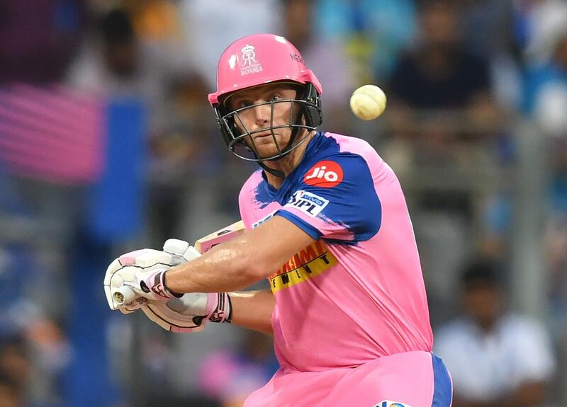 Rajasthan Royals batsman Jos Buttler plays a shot during the 2019 Indian Premier League (IPL) Twenty20 cricket match between Mumbai Indians and Rajasthan Royals at the Wankhede Stadium in Mumbai on April 13, 2019. (Photo by PUNIT PARANJPE / AFP) / ----IMAGE RESTRICTED TO EDITORIAL USE - STRICTLY NO COMMERCIAL USE-----