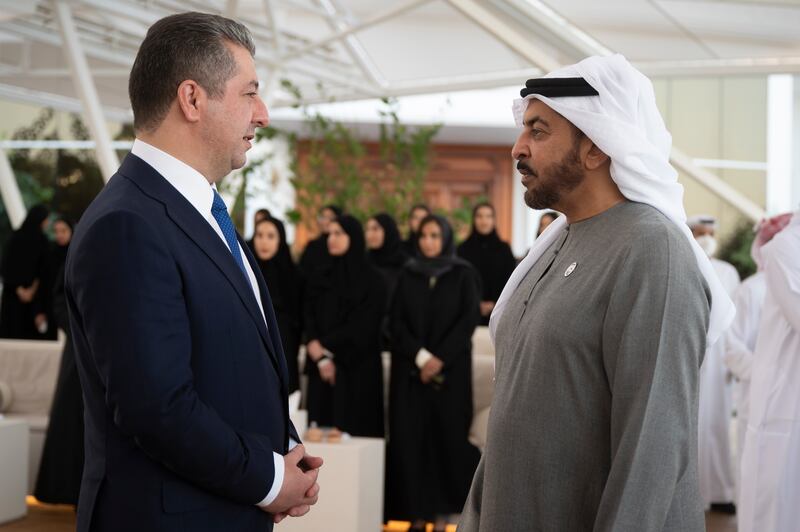 Sheikh Hamdan bin Zayed, the Ruler’s Representative in Al Dhafra Region, speaks with Mr Barzani at the barza. Rashed Al Mansoori / Ministry of Presidential Affairs