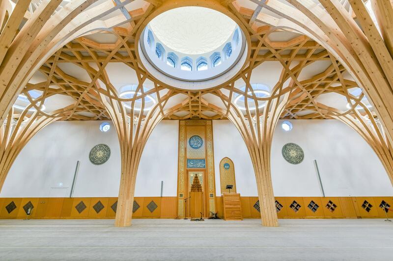 The vaulted ceilings of the Cambridge Central Mosque are modelled on medieval gothic styles.
