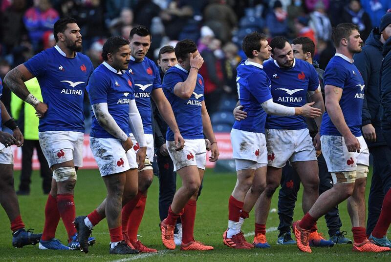 France's players react to their defeat on the pitch after the Six Nations international rugby union match between Scotland and France at Murrayfield Stadium in Edinburgh on March 8, 2020. Scotland won the game 28-17 / AFP / Anne-Christine POUJOULAT
