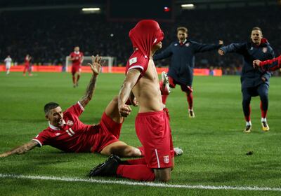 Soccer Football - 2018 World Cup Qualifications - Europe - Serbia vs Georgia - Rajko Mitic Stadium, Belgrade, Serbia - October 9, 2017   Serbia���s Aleksandar Prijovic celebrates scoring their first goal   REUTERS/Marko Djurica