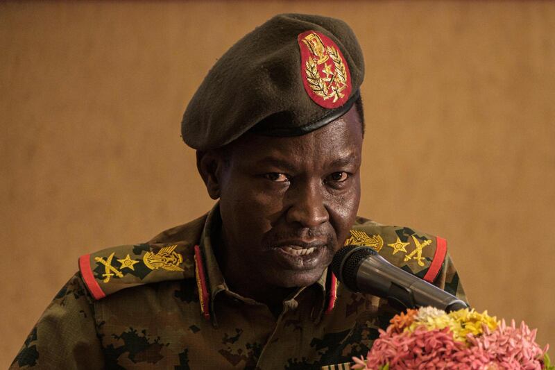 Sudan's Transitional Military Council (TMC) spokesman Shams-Eddin Kabashi speaks during a press conference at the Presidential Palace in Khartoum on June 23, 2019.  / AFP / Yasuyoshi CHIBA
