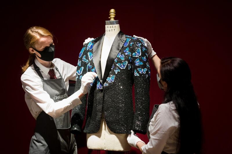 A butterfly themed jacket made for Mick Jagger by former partner L'Wren Scott.  EPA/Vickie Flores