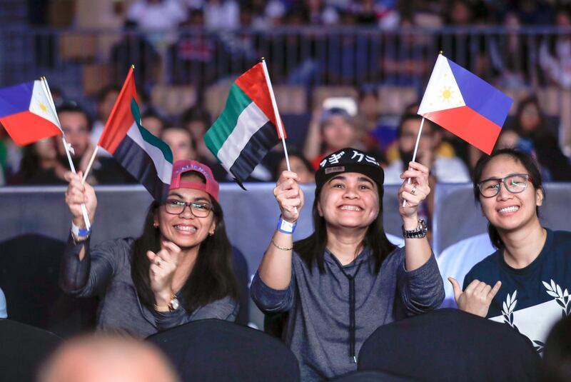 Abu Dhabi, United Arab Emirates, October 18, 2019.  UAE Warriors Fighting Championship at the Mubadala Arena. --- Philippine and UAE fans.
Victor Besa/The National
Section:  SP
Reporter:  Amith Passela