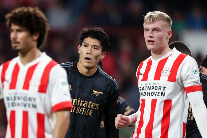 Takehiro Tomiyasu – 5 Had a tough night trying to contain PSV Captain Gakpo, who was a constant threat down the left flank.  Lost Veerman for the first goal. Getty