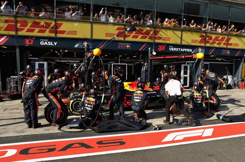 Max Verstappen of the Netherlands driving the (33) Aston Martin Red Bull Racing RB15 makes a pit stop during the F1 Grand Prix of Australia at Melbourne Grand Prix Circuit in Melbourne, Australia. Getty Images