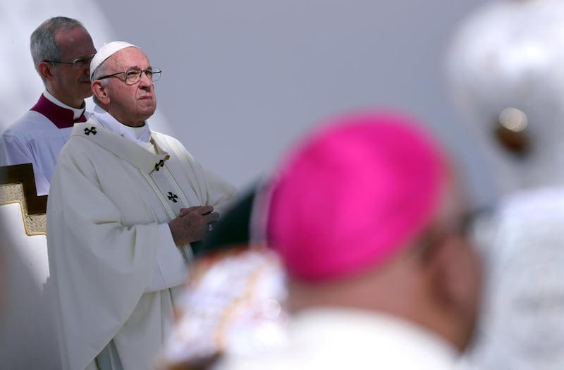 Pope Francis holds the Mass at Zayed Sports City Stadium. Reuters