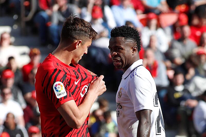 Mallorca's Antonio Jose Raillo argues with Real Madrid's Vinicius Junior. AFP