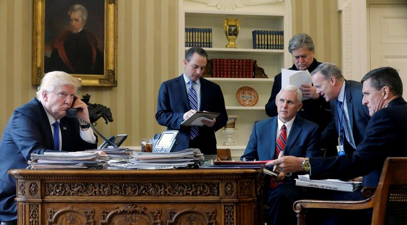 Within only six months, the Trump administration has had several shake-ups. From left: US president Donald Trump, fired chief of staff Reince Priebus, vice president Mike Pence, senior advisor Steve Bannon, communications director Sean Spicer, who recently announced his resignation, and ex-national security advisor Michael Flynn, who was forced to resign. Jonathan Ernst / Reuters