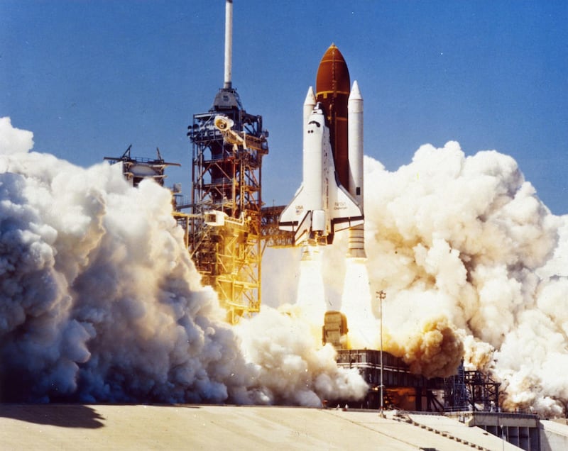 28th January 1986:  The space shuttle Challenger (STS-51L) takes off from the Kennedy Space Centre, Florida. 73 seconds later the shuttle exploded, killing its seven crew members.  (Photo by MPI/Getty Images)