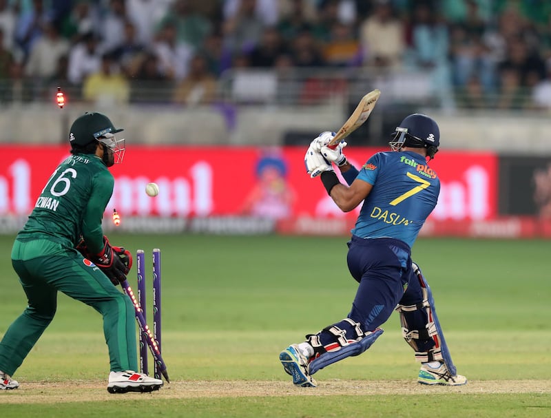 Pakistan's Shadab Khan bowls Sri Lanka batter Dasun Shanaka for two.