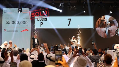 Dubai number plate 7 sold for Dh55 million at a charity auction at Jumeirah Beach in Dubai. Pawan Singh / The National 