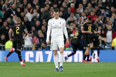 MADRID, SPAIN - FEBRUARY 26: Gareth Bale of Real Madrid reacts after his team concede during the UEFA Champions League round of 16 first leg match between Real Madrid and Manchester City at Bernabeu on February 26, 2020 in Madrid, Spain. (Photo by Gonzalo Arroyo Moreno/Getty Images)