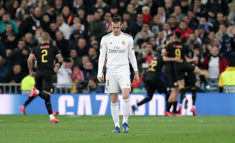 MADRID, SPAIN - FEBRUARY 26: Gareth Bale of Real Madrid reacts after his team concede during the UEFA Champions League round of 16 first leg match between Real Madrid and Manchester City at Bernabeu on February 26, 2020 in Madrid, Spain. (Photo by Gonzalo Arroyo Moreno/Getty Images)
