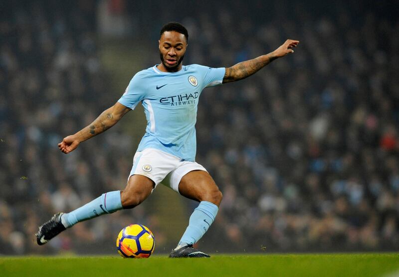 Manchester City's Raheem Sterling attempts a shot at goal during the English Premier League soccer match between Manchester City and Tottenham Hotspur at Etihad stadium, in Manchester, England, Saturday, Dec. 16, 2017. (AP Photo/Rui Vieira)