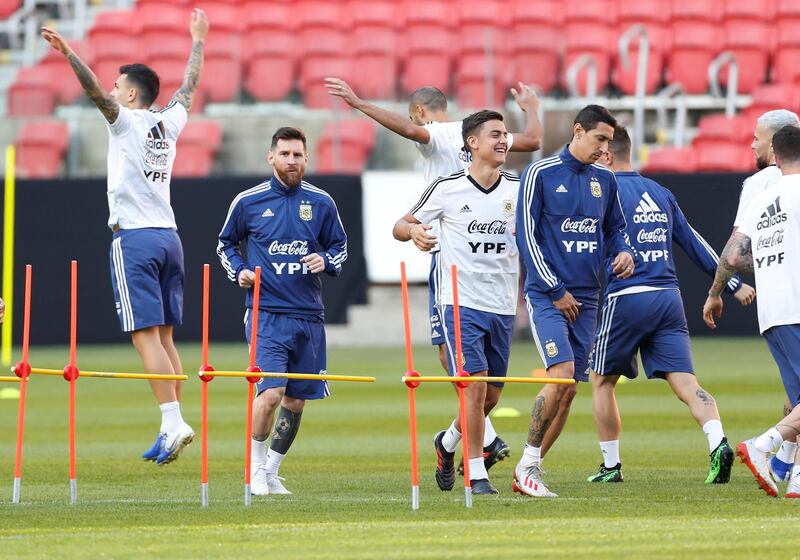 Lionel Messi, second left, takes part in a training drill with his Argentina teammates. Reuters