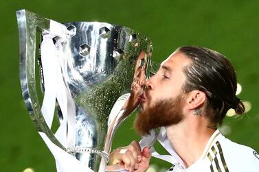 Real Madrid's Sergio Ramos celebrates after winning La Liga in 2020. Reuters