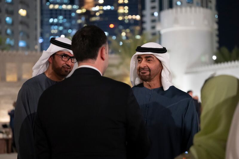 President Sheikh Mohamed, right, and Dr Sultan Al Jaber, Cop28 President-designate and UAE Minister of Industry and Advanced Technology, left, in talks at a pre-Cop28 meeting at Qasr Al Hosn, Abu Dhabi. Photo: Abdulla Al Neyadi / Presidential Court