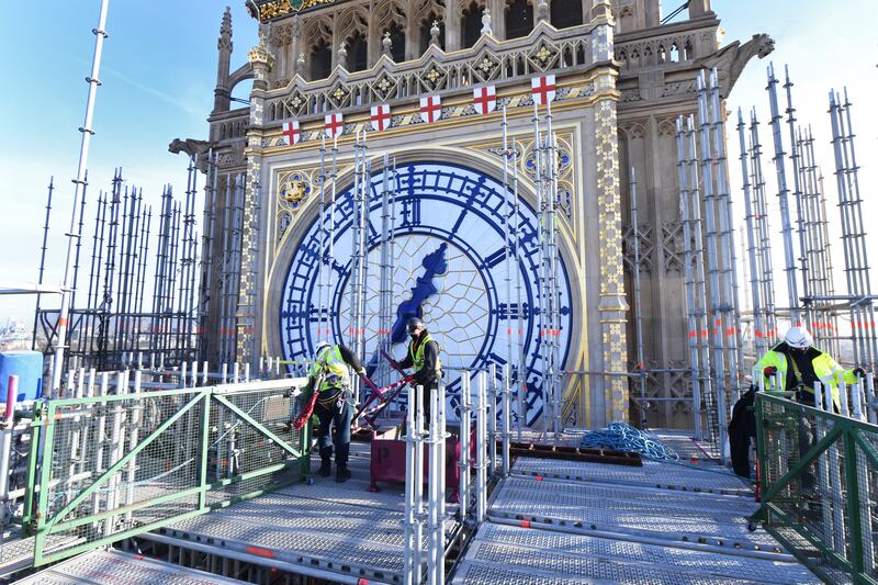 A close up view of Elizabeth Tower, known as Big Ben, at the Palace of Westminster in London was captured on Tuesday. Big Ben will bong on New Year's Eve, with all faces of the Houses of Parliament's famous clock tower on display for the first time in four years. PA