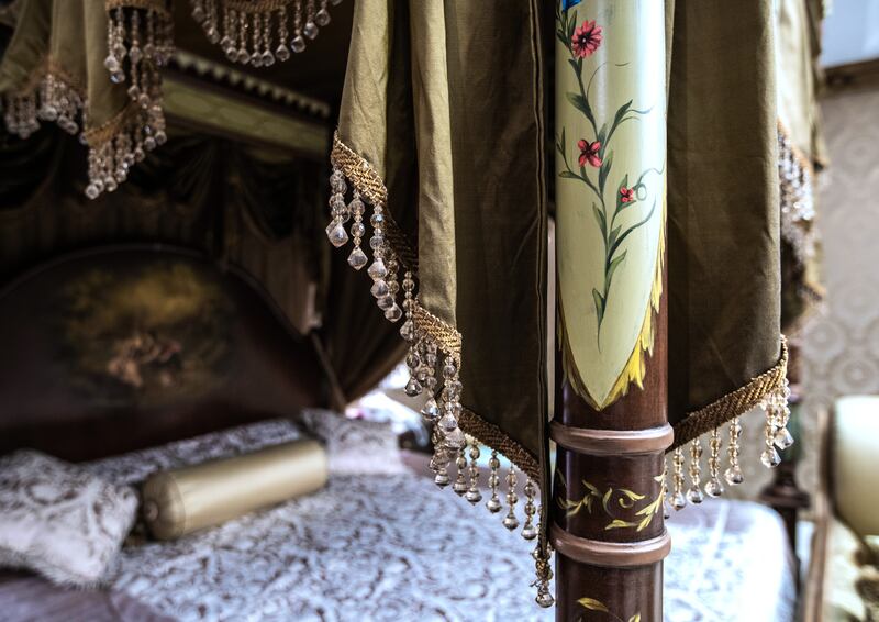 The pillars of the bed have been hand-painted by King Farouk's furniture-maker Pasha Hussein Al Atrabi.