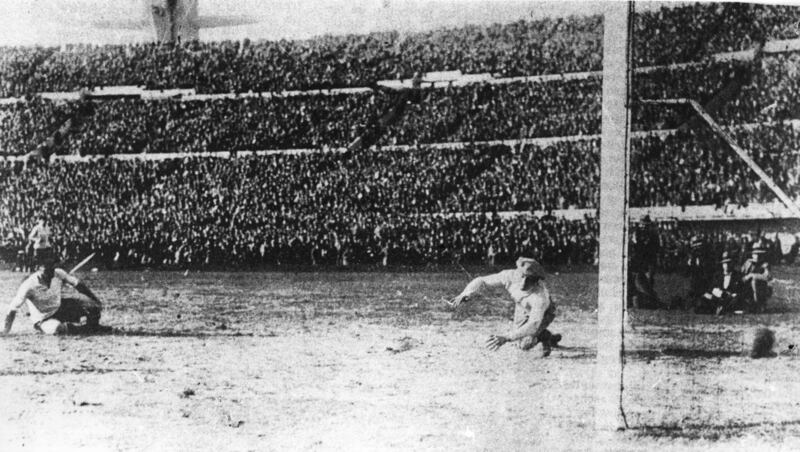 Uruguay score a goal during their 4-2 win over South American rivals Argentina in the first World Cup final on July 30, 1930. Getty Images