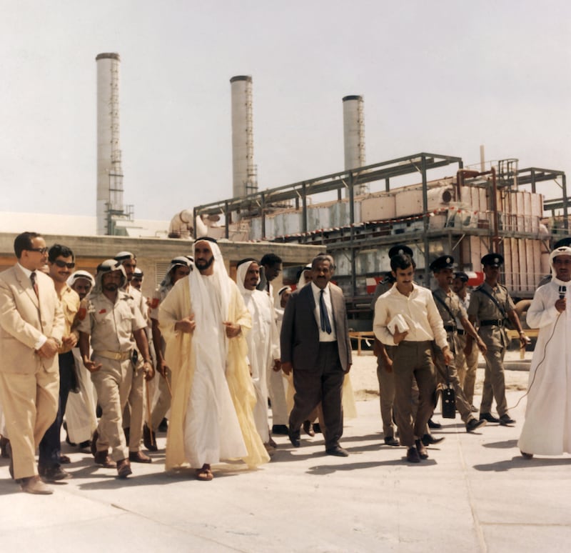 Sheikh Zayed Bin Sultan Al Nahyan inspecting the electricity and water desalination plant, 23rd December 1970 
National Archives images supplied by the Ministry of Presidential Affairs to mark the 50th anniverary of Sheikh Zayed Bin Sultan Al Nahyan becaming the Ruler of Abu Dhabi. *** Local Caption ***  12.jpg