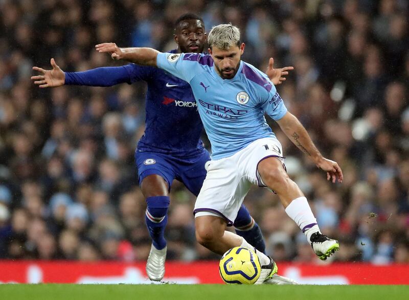 Manchester City's Sergio Aguero in action with Chelsea's Fikayo Tomori. Reuters